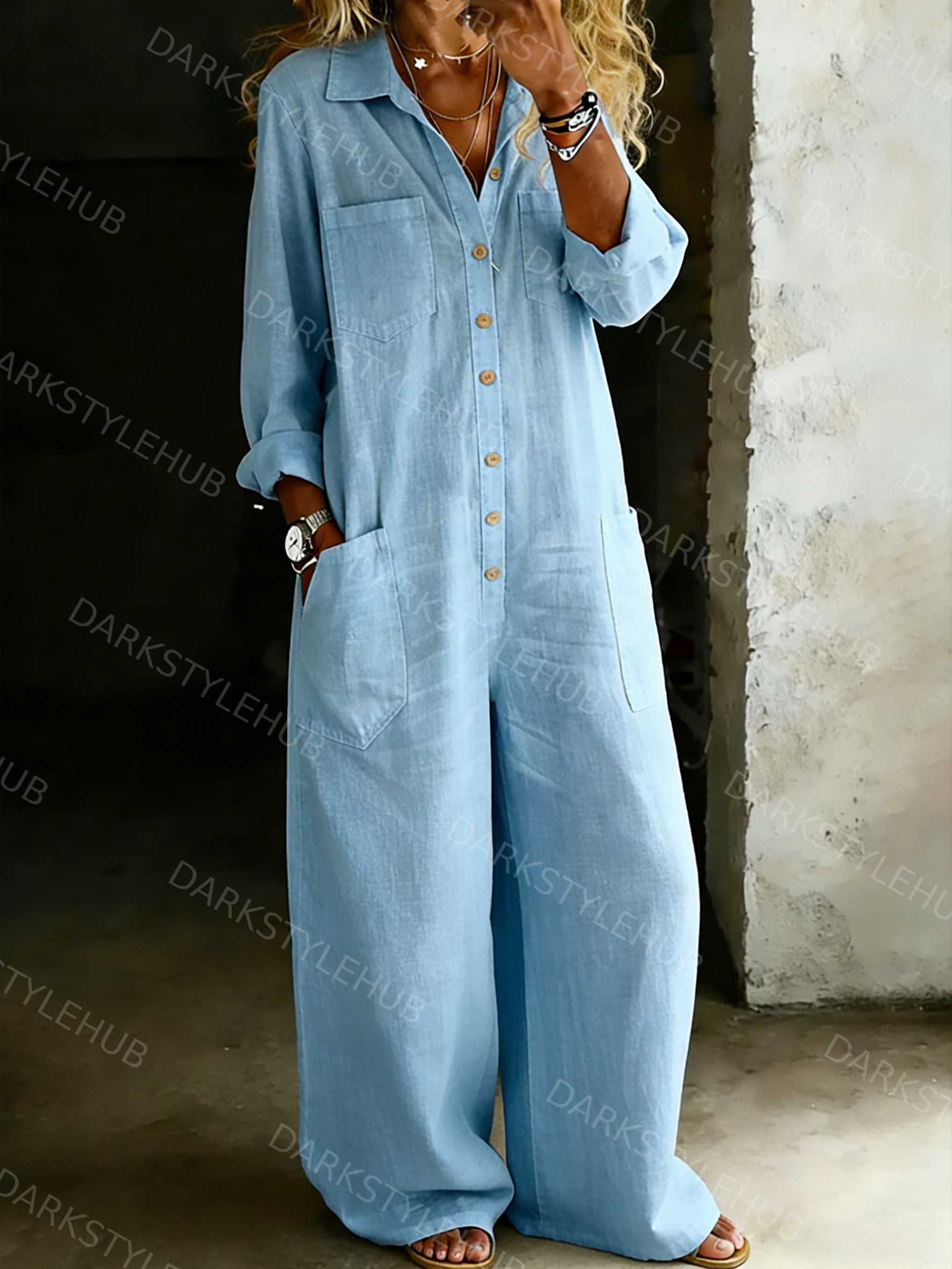 Women's Solid Color Cozy Casual Cotton and Linen Shirt Jumpsuit