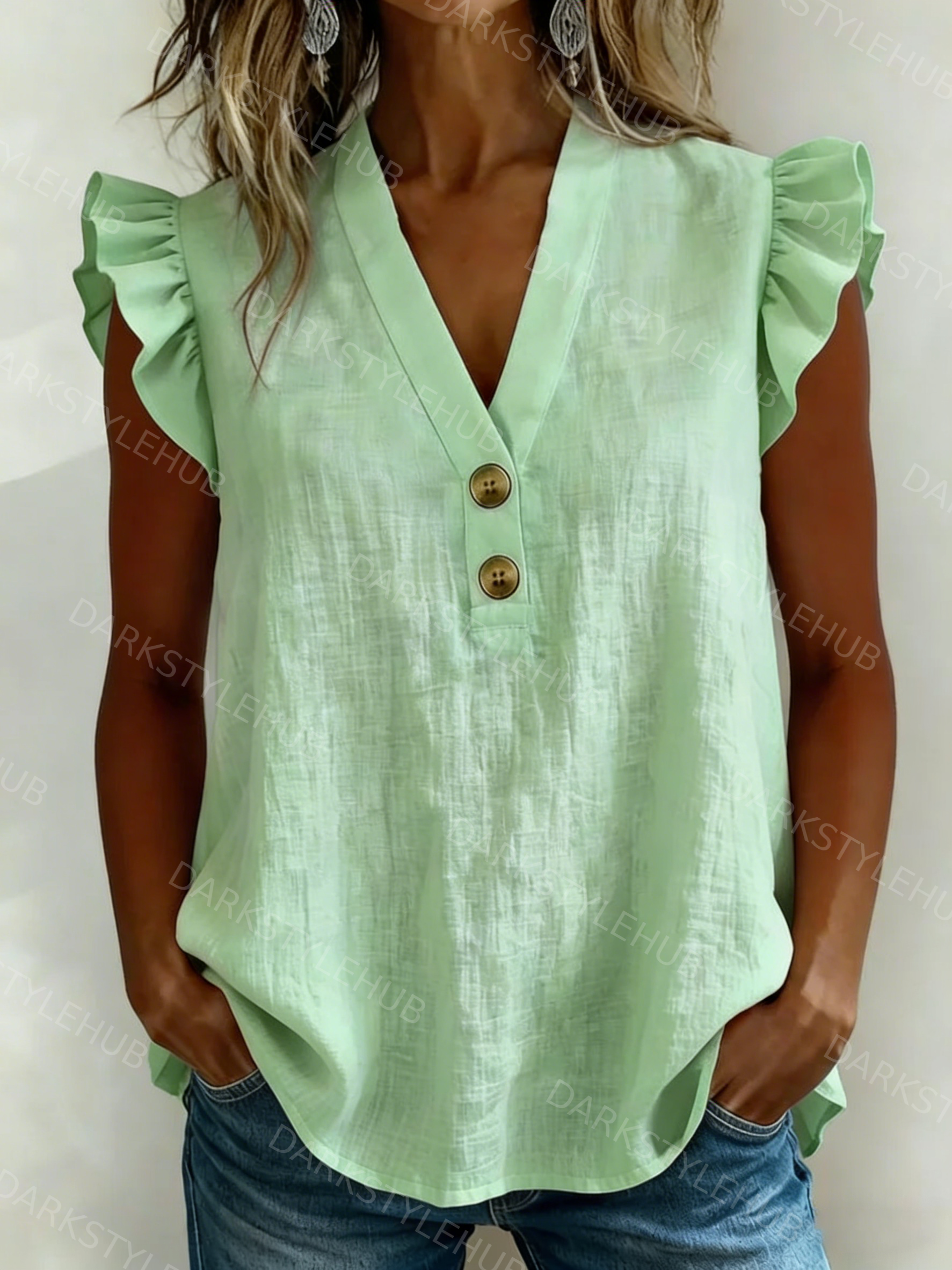 Women's Casual Solid Color V-Neck Button Flying Sleeve Cotton and Linen Top
