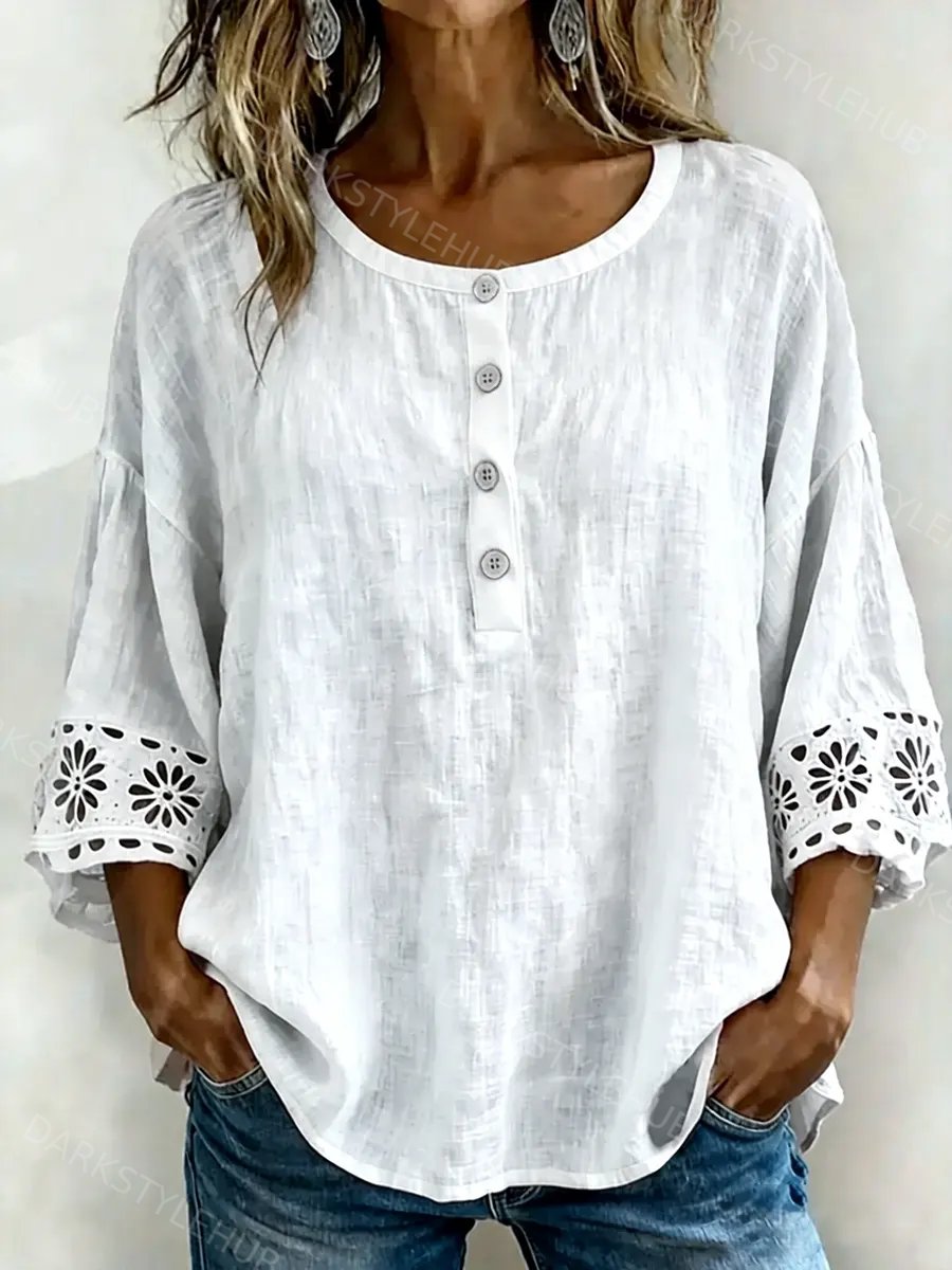 Women's Casual Openwork Lace Cotton Linen Shirt