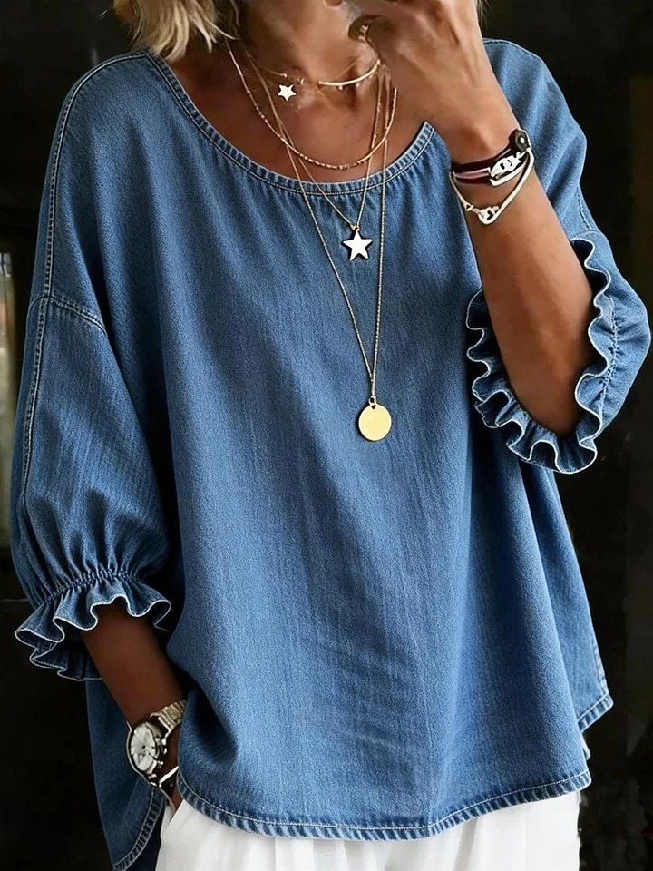 Women's Solid Color Round Neck Loose Causal Denim Shirt