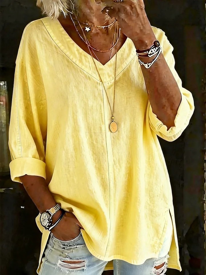 Women's Solid Color V-neck Cotton Linen Top