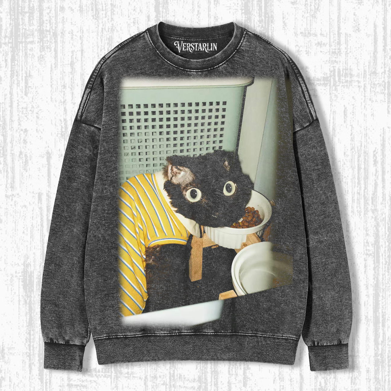 Vintage Washed Cat Print Crewneck Long Sleeve Sweatshirt