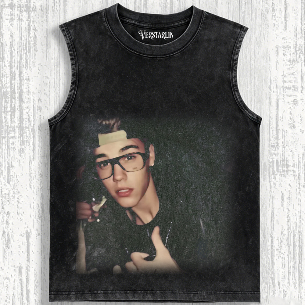 Justin Bieber Throwback Y2K Hoodie | Young Bieber Glasses Retro Washed Black Sweatshirt
