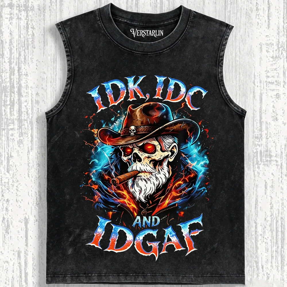 IDK IDC And IDGAF Western Cowboy Skull T-Shirt - Fire & Cigar Vintage Washed Tee