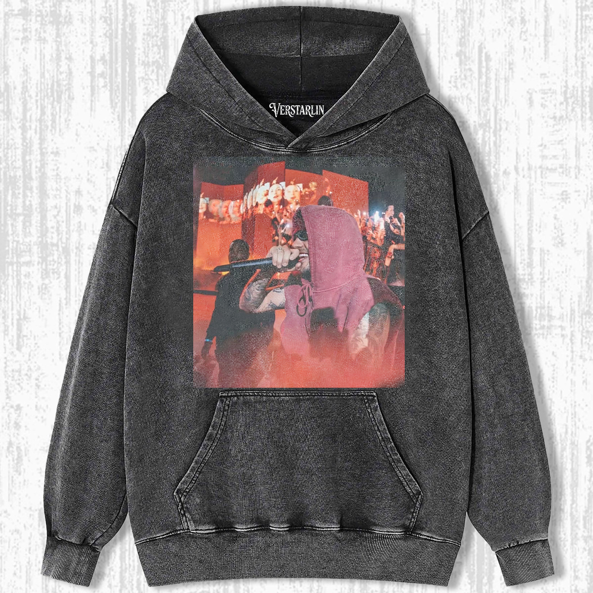 Coachella Live Energy Red Tone Hooded Stage Performance Graphic