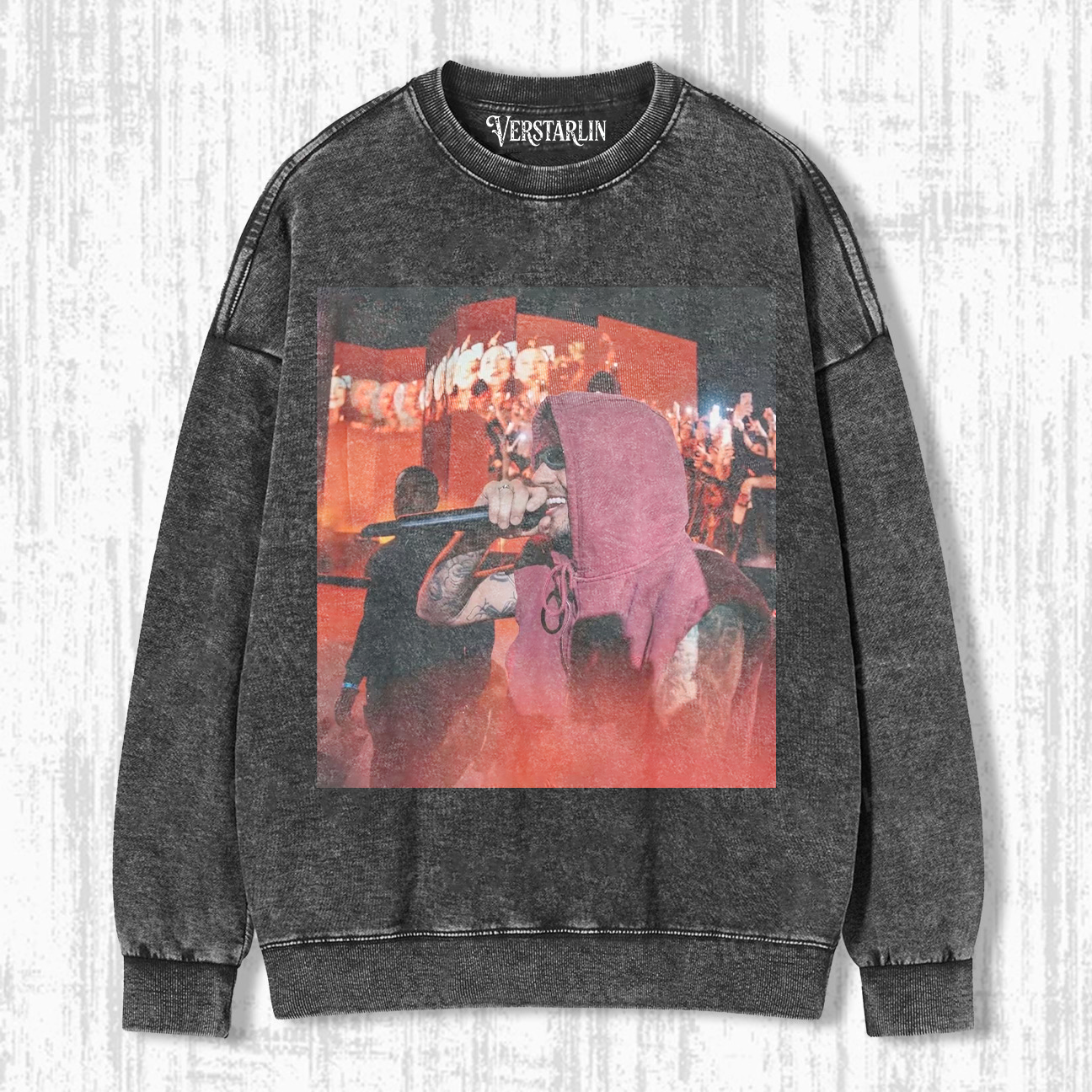 Coachella Live Energy Red Tone Hooded Stage Performance Graphic