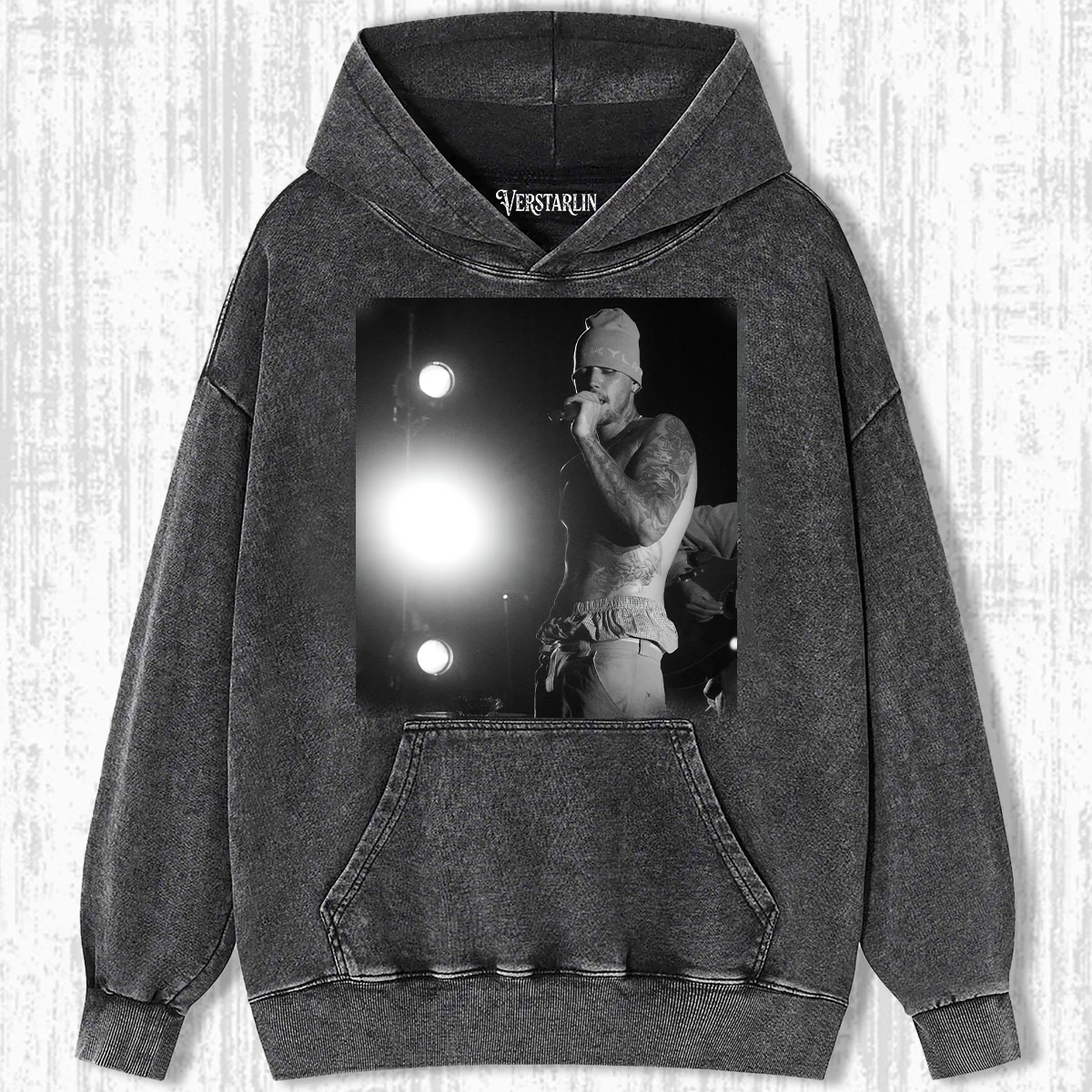 Justin Bieber Live Tour Vintage Hoodie | Bare Chest Concert Photo Washed Black Sweatshirt