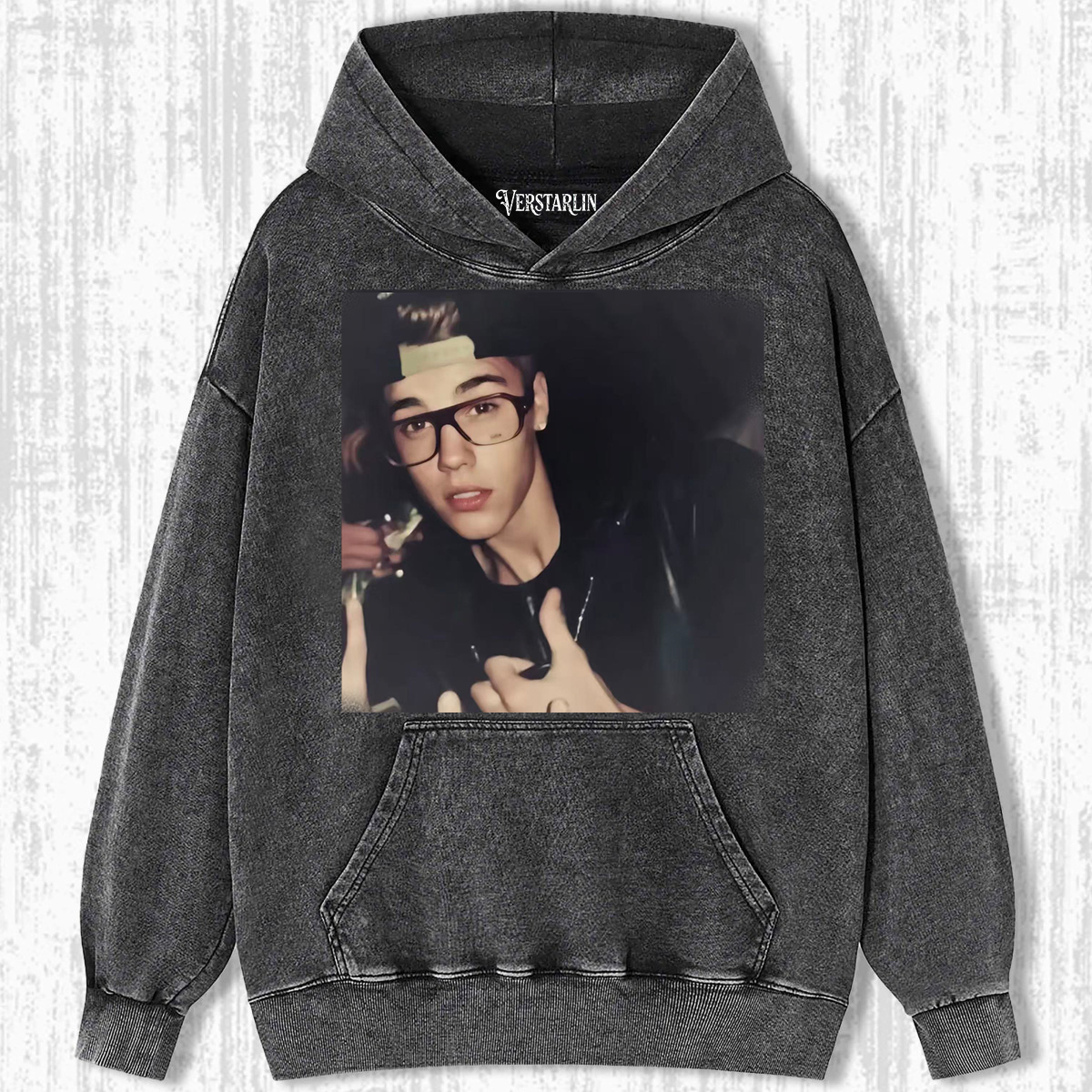 Justin Bieber Throwback Y2K Hoodie | Young Bieber Glasses Retro Washed Black Sweatshirt