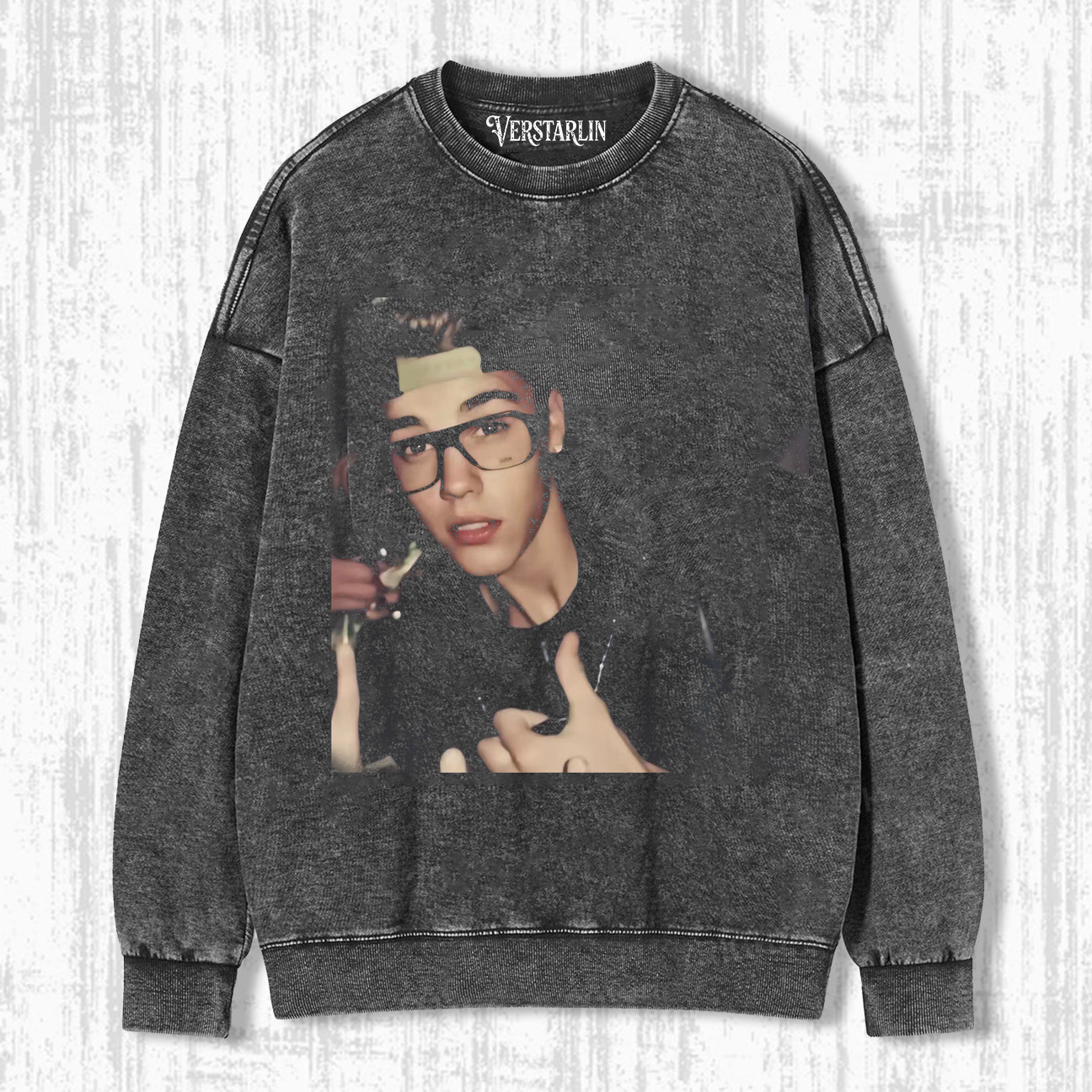 Justin Bieber Throwback Y2K Hoodie | Young Bieber Glasses Retro Washed Black Sweatshirt