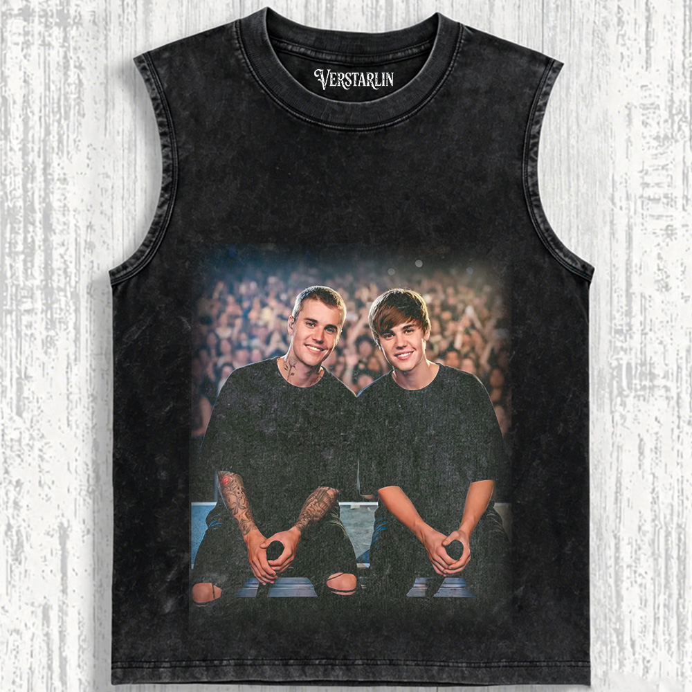 Justin Bieber Then & Now Hoodie | Young vs Adult Bieber Retro Washed Black Sweatshirt
