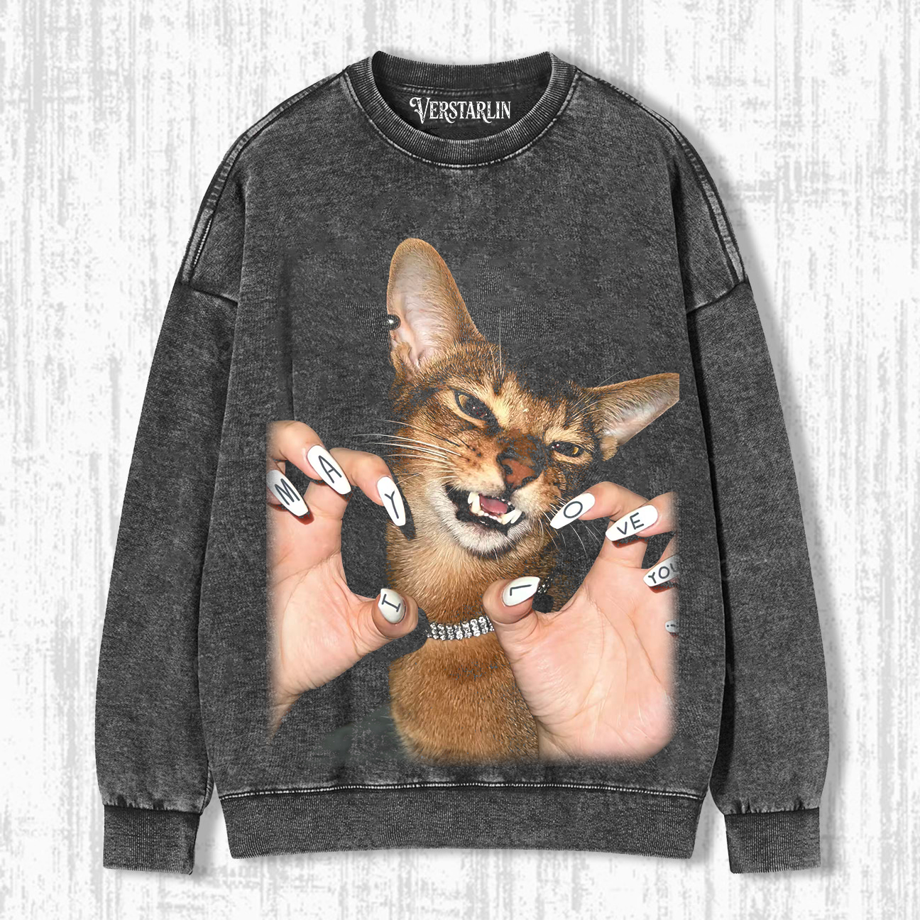 Vintage Washed Cat Print Crewneck Long Sleeve Sweatshirt