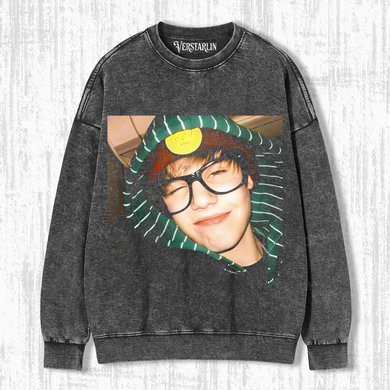 Justin Bieber Cute Y2K Hoodie | Funny Glasses Selfie Retro Washed Black Sweatshirt
