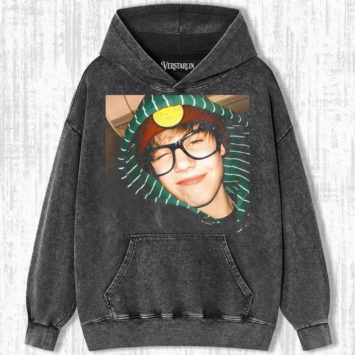 Justin Bieber Cute Y2K Hoodie | Funny Glasses Selfie Retro Washed Black Sweatshirt