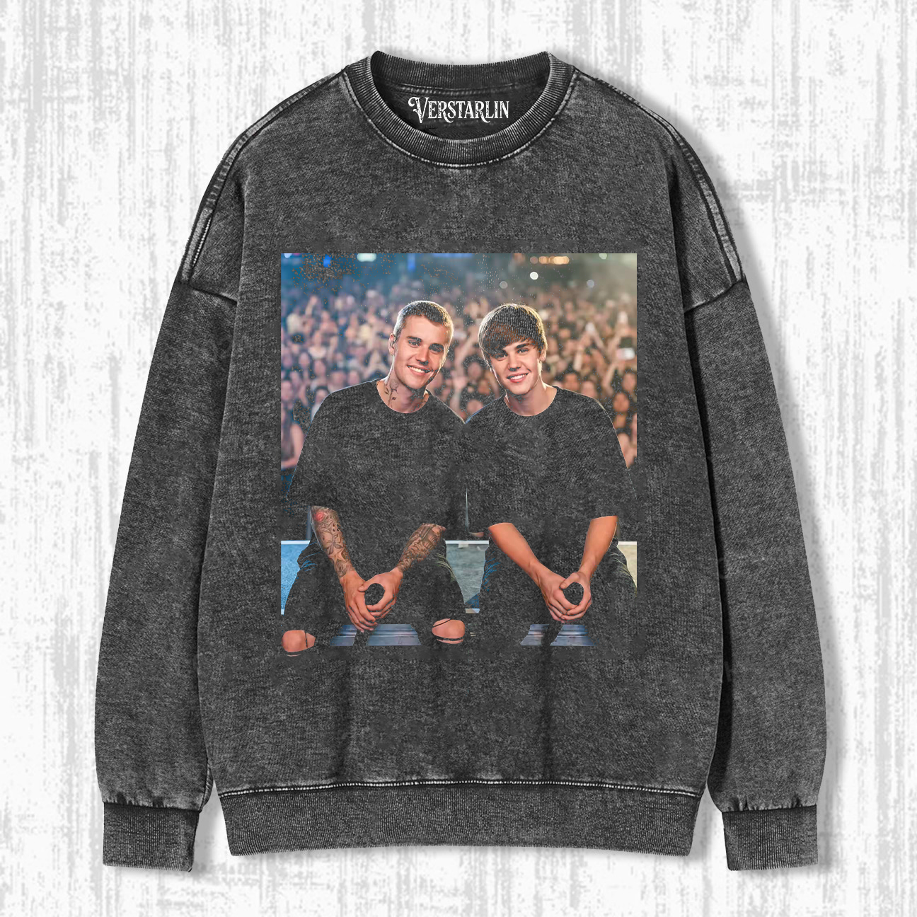 Justin Bieber Then & Now Hoodie | Young vs Adult Bieber Retro Washed Black Sweatshirt