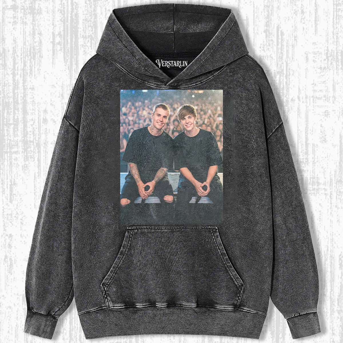 Justin Bieber Then & Now Hoodie | Young vs Adult Bieber Retro Washed Black Sweatshirt