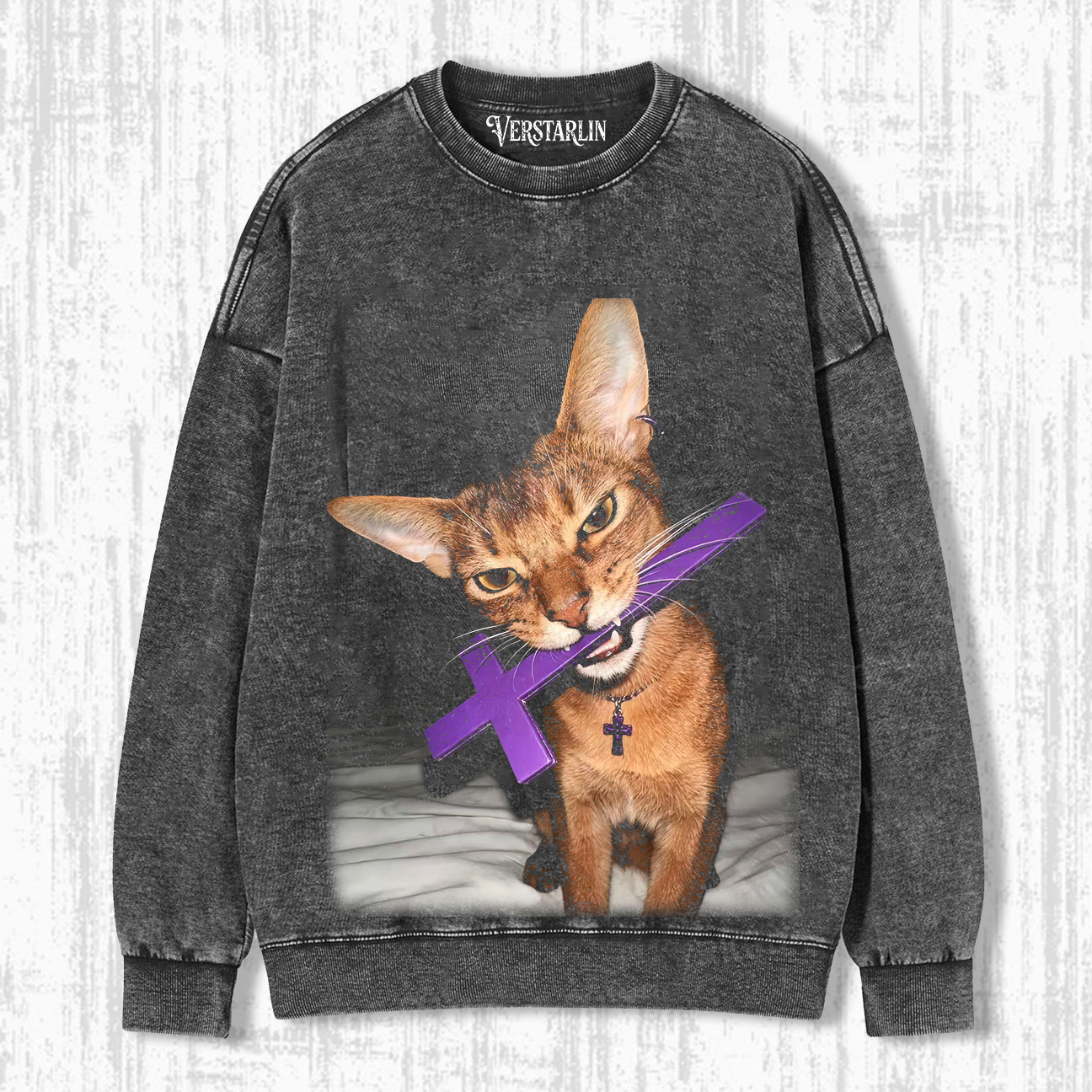 Vintage Washed Cat Print Crewneck Long Sleeve Sweatshirt