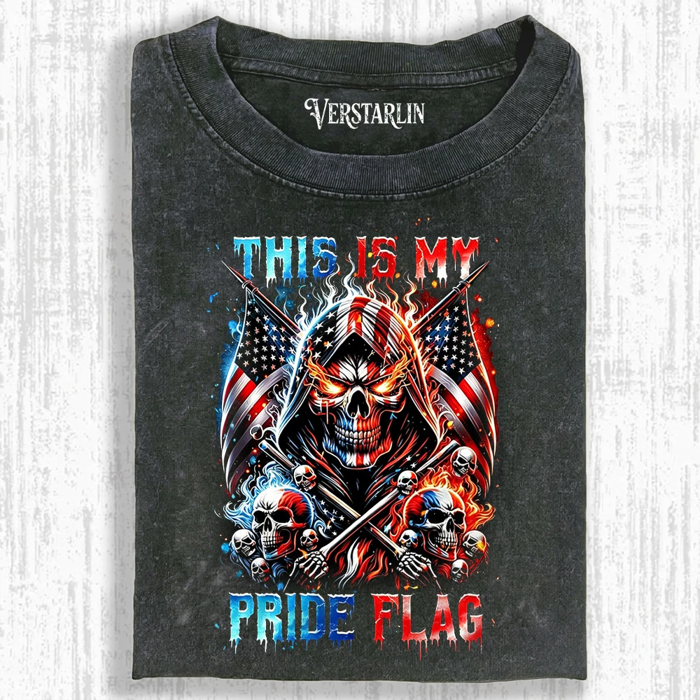 This Is My Pride Flag American Flag Skull T-Shirt - Patriotic Reaper Graphic Vintage Washed Tee