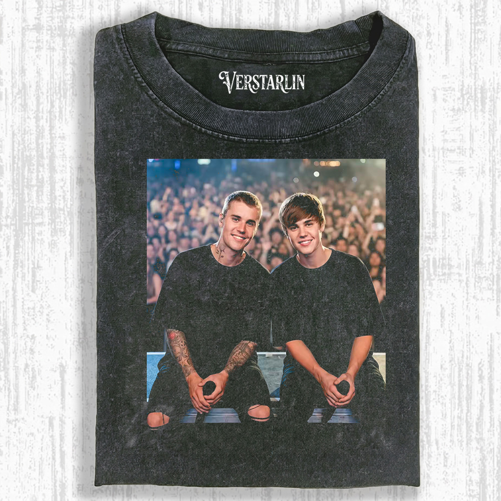 Justin Bieber Then & Now Hoodie | Young vs Adult Bieber Retro Washed Black Sweatshirt