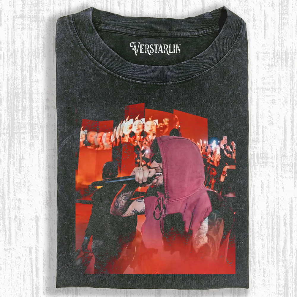 Coachella Live Energy Red Tone Hooded Stage Performance Graphic