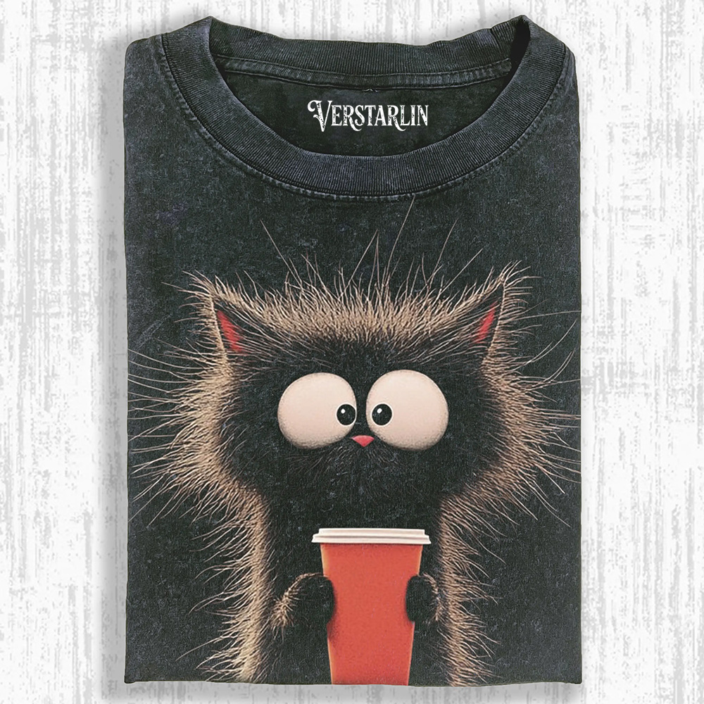 CARICATURE CAT WITH A MUG T-SHIRT