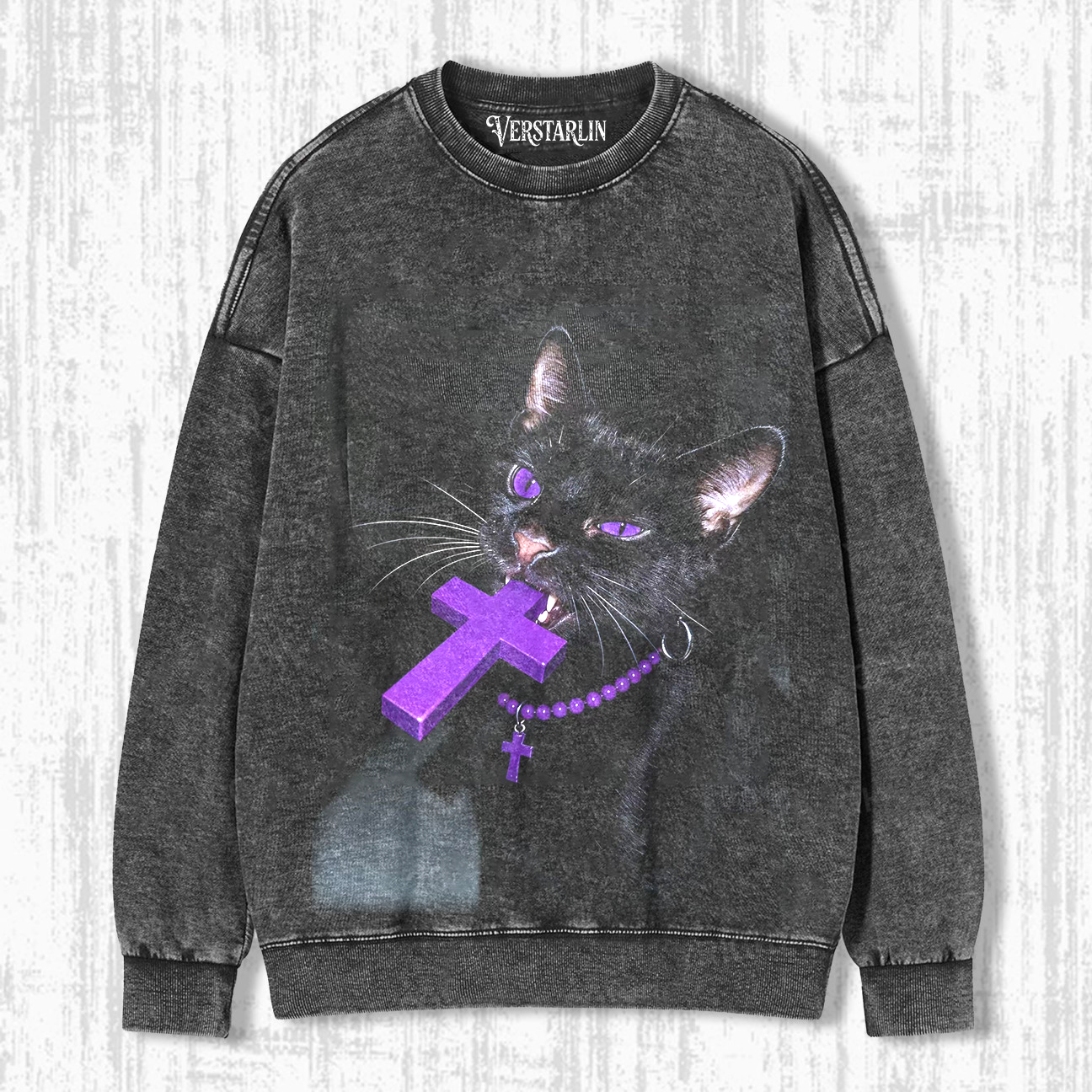 Vintage Washed Cat Print Crewneck Long Sleeve Sweatshirt