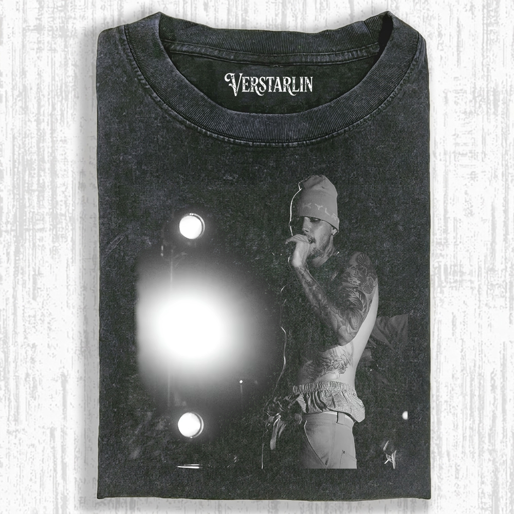 Justin Bieber Live Tour Vintage Hoodie | Bare Chest Concert Photo Washed Black Sweatshirt