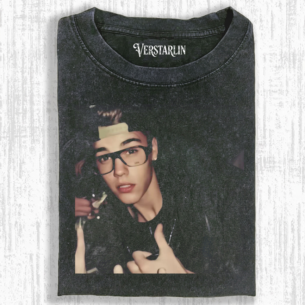 Justin Bieber Throwback Y2K Hoodie | Young Bieber Glasses Retro Washed Black Sweatshirt