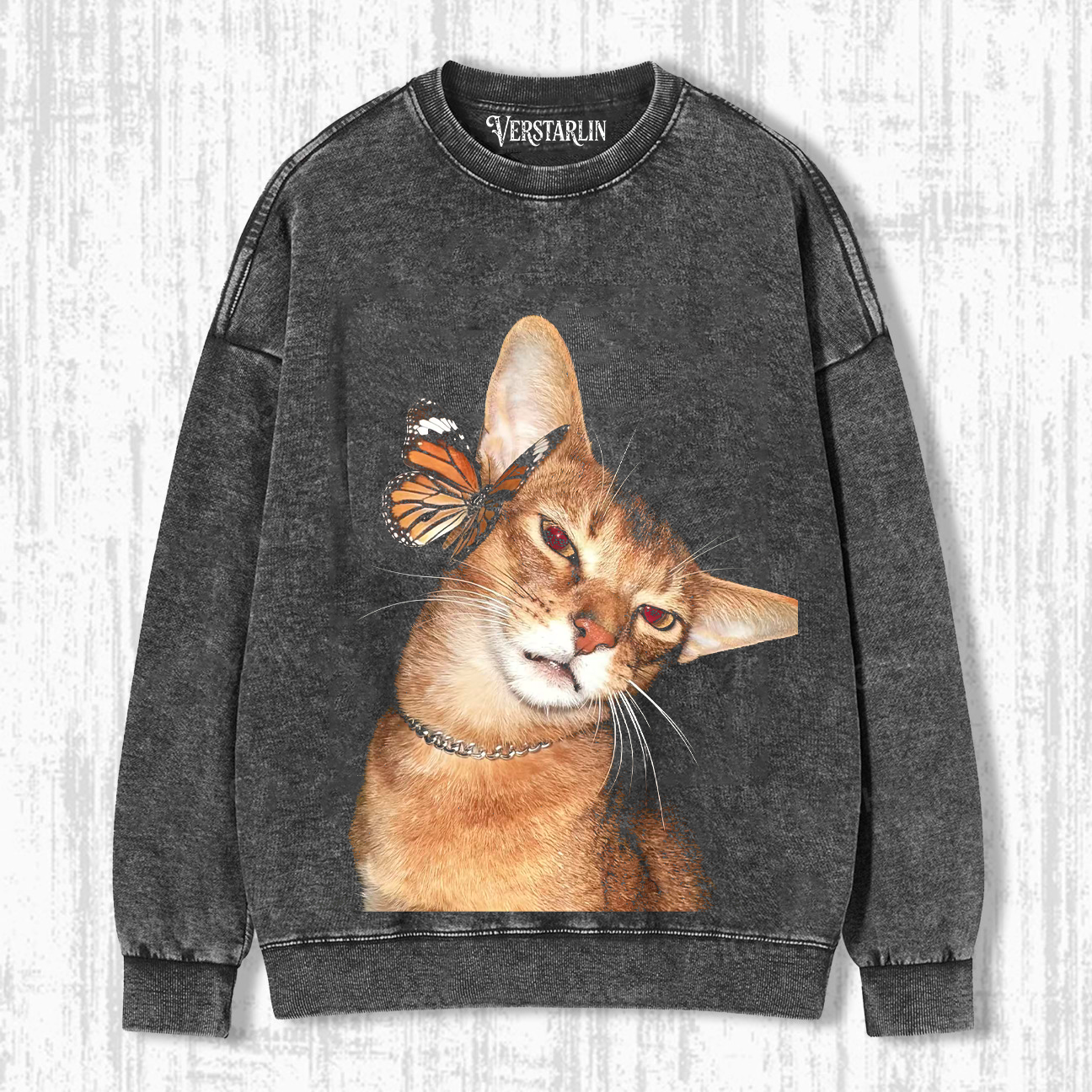Vintage Washed Cat Print Crewneck Long Sleeve Sweatshirt