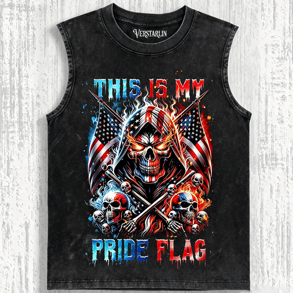 This Is My Pride Flag American Flag Skull T-Shirt - Patriotic Reaper Graphic Vintage Washed Tee