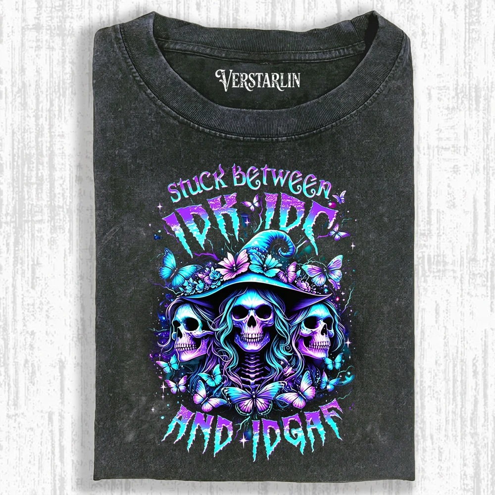 Stuck Between IDK IDC And IDGAF Witch Skull T-Shirt - Purple Butterfly Vintage Washed Tee
