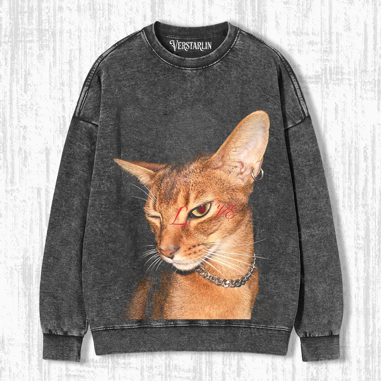 Vintage Washed Cat Print Crewneck Long Sleeve Sweatshirt