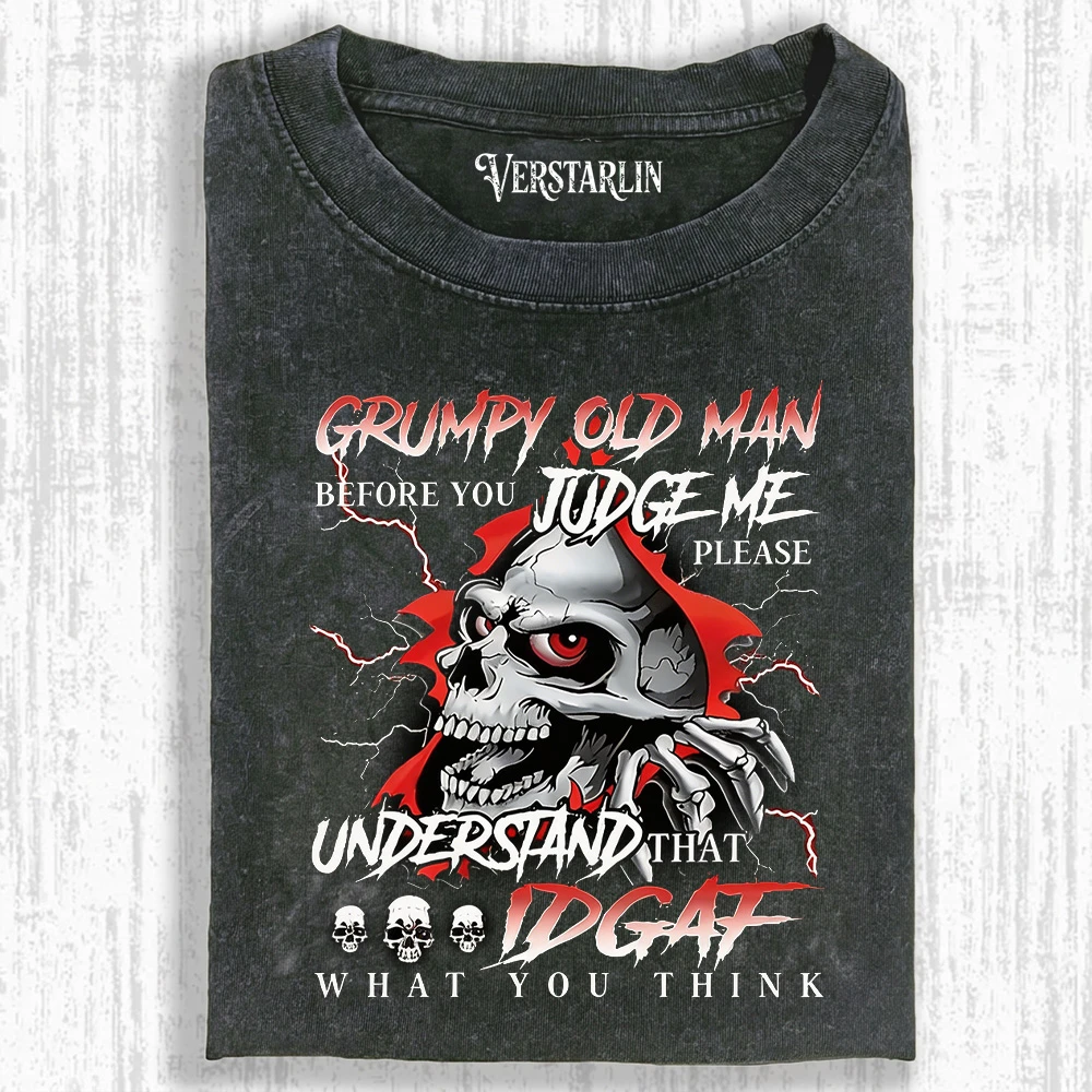 Grumpy Old Man Before You Judge Me Please Understand That IDGAF Skull T-Shirt - Vintage Lightning Graphic Tee