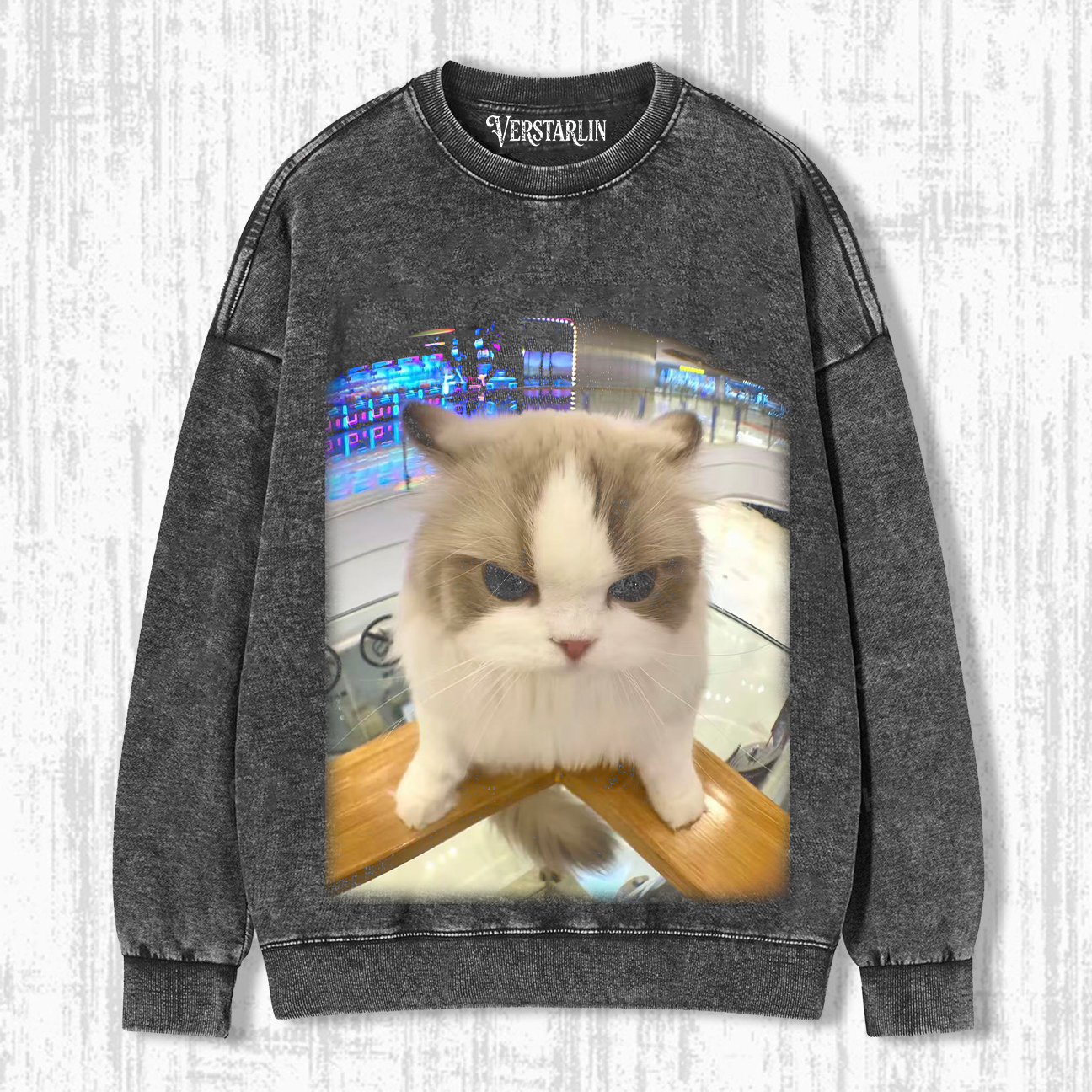 Vintage Washed Cat Print Crewneck Long Sleeve Sweatshirt