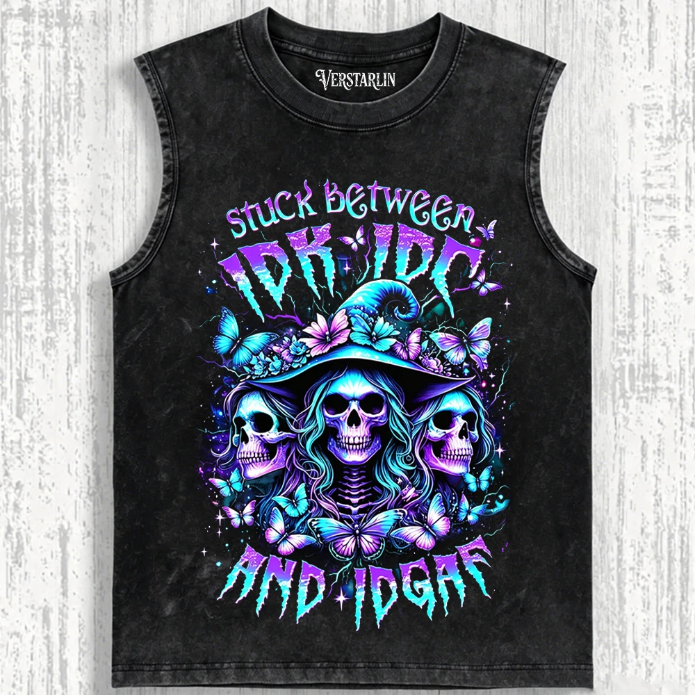 Stuck Between IDK IDC And IDGAF Witch Skull T-Shirt - Purple Butterfly Vintage Washed Tee