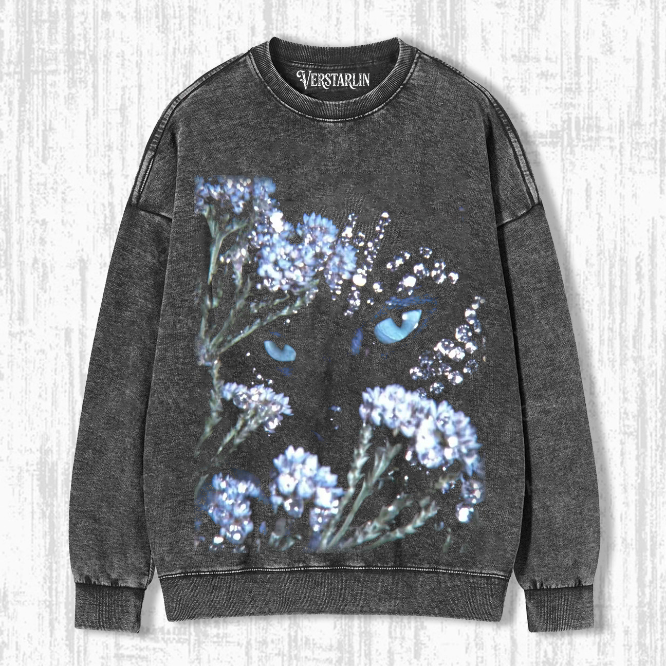 Vintage Washed Cat Print Crewneck Long Sleeve Sweatshirt