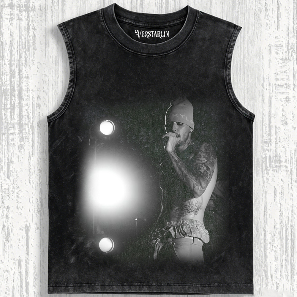 Justin Bieber Live Tour Vintage Hoodie | Bare Chest Concert Photo Washed Black Sweatshirt