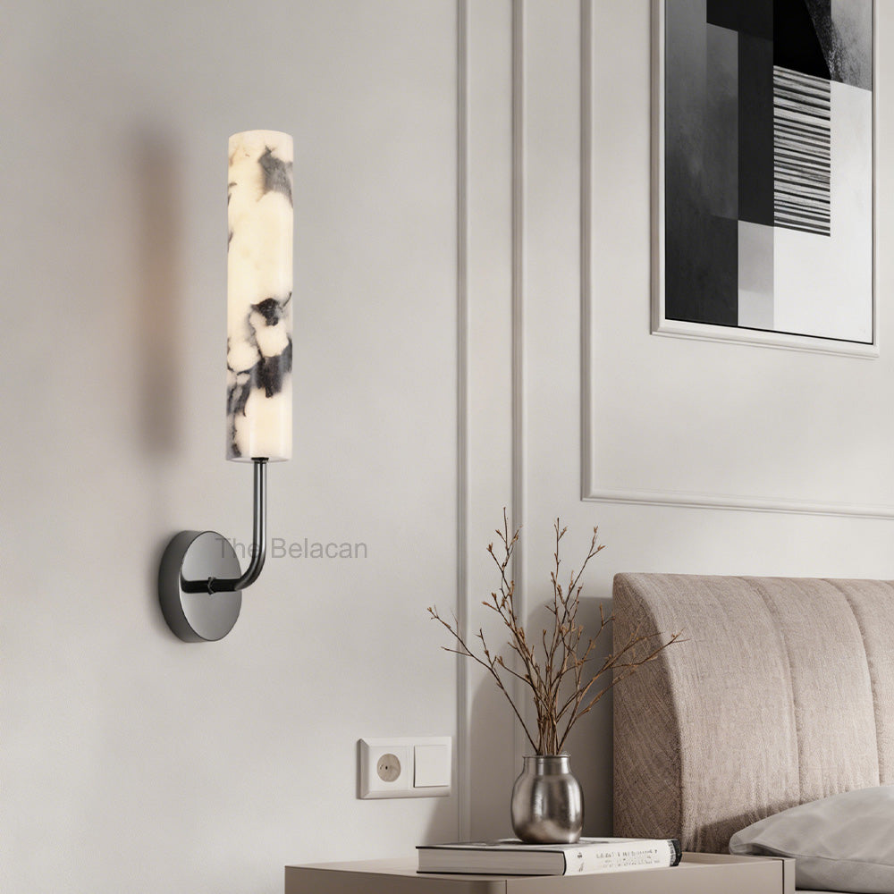 MarbleGlow Curved-Arm Cylinder Marble Wall Sconce - thebelacan