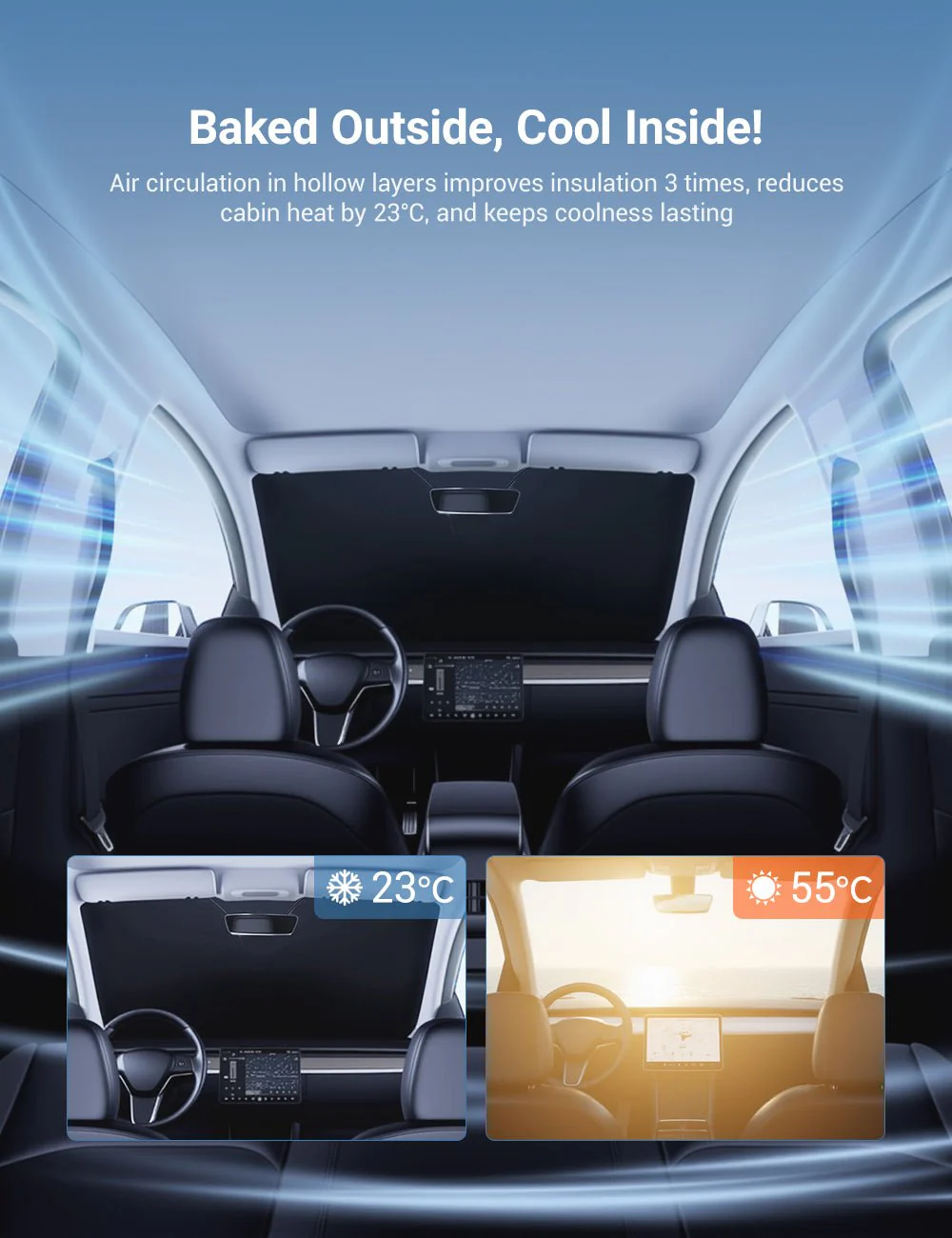 Custom Fit Windshield Sunshade for Tesla Model 3 / Model Y – Full Coverage UV & Heat Protection