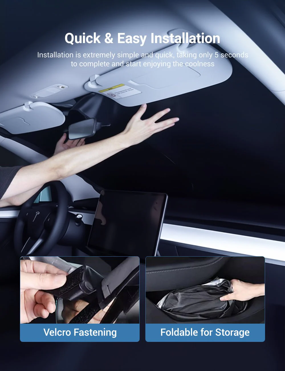 Custom Fit Windshield Sunshade for Tesla Model 3 / Model Y – Full Coverage UV & Heat Protection