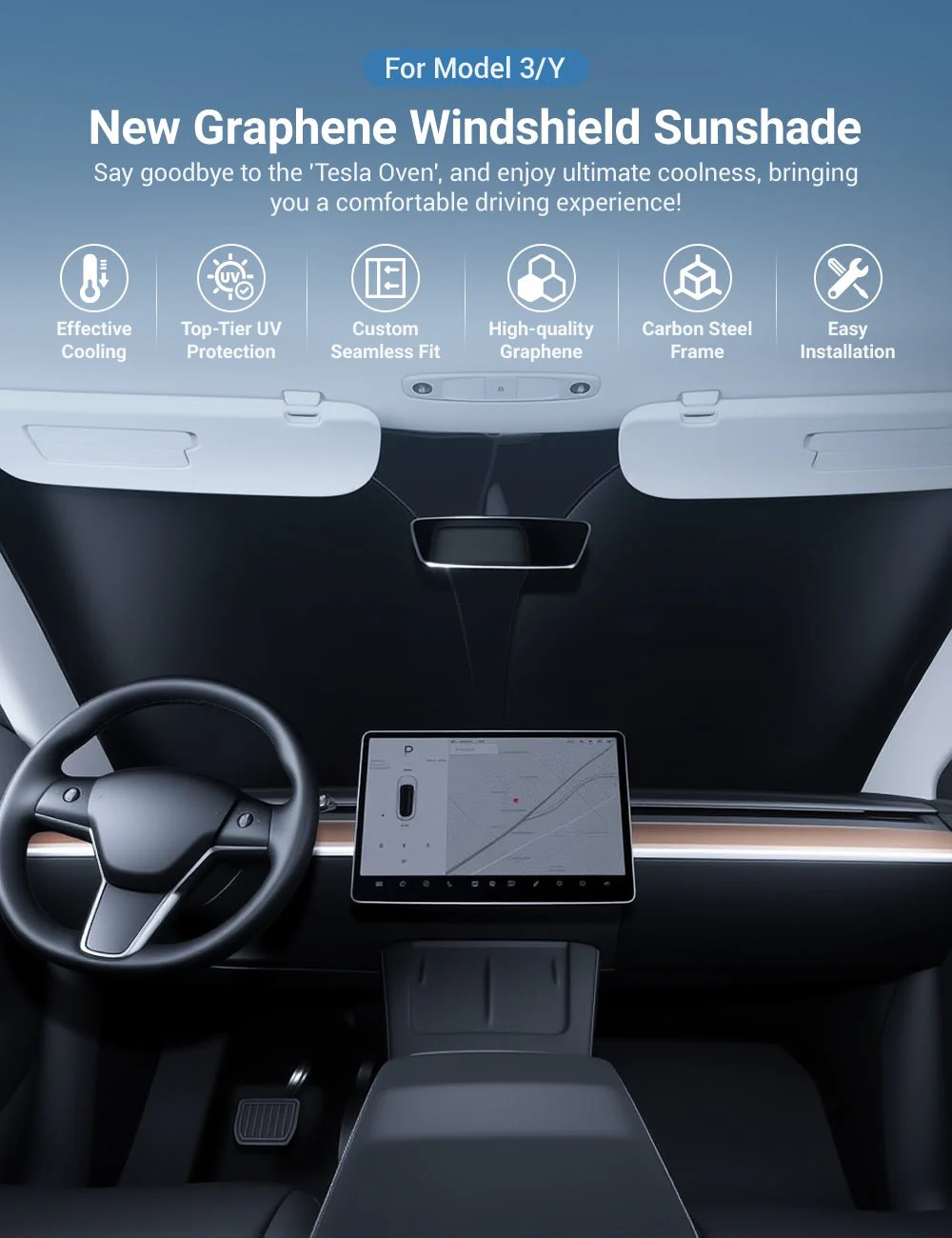 Custom Fit Windshield Sunshade for Tesla Model 3 / Model Y – Full Coverage UV & Heat Protection