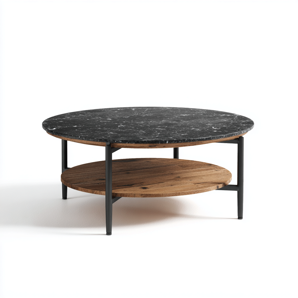 Tavolino da caffè rotondo piano in pietra struttura in metallo 90x90x40 cm - nero - marrone - design moderno per soggiorno-Oakupmart