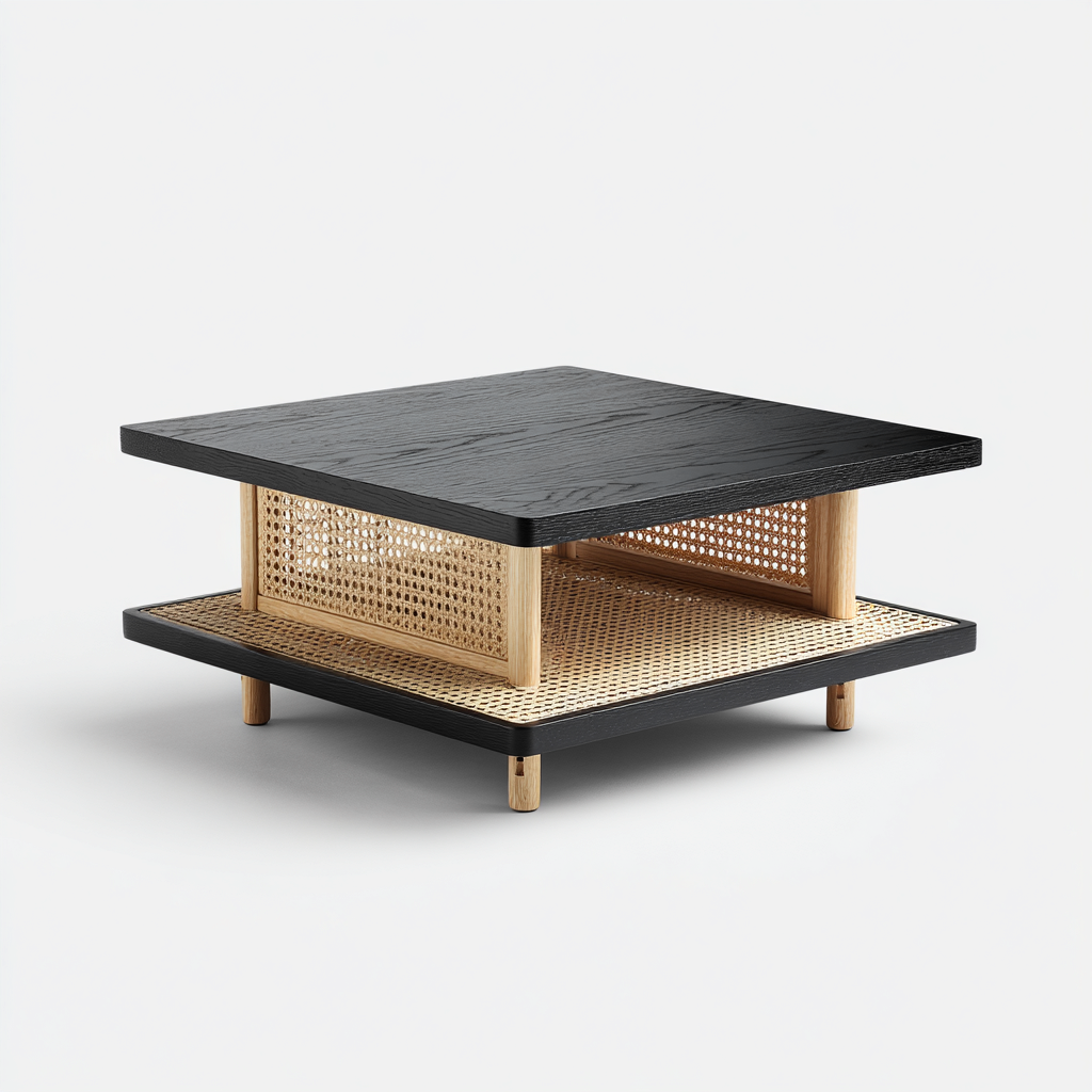 Tavolino da caffè piano in legno struttura con intreccio naturale 80x80x40 cm - nero - naturale - design moderno per soggiorno-Oakupmart
