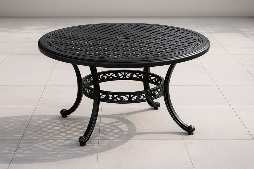Table de salle à manger d'extérieur ronde en aluminium noir, diamètre 120cm