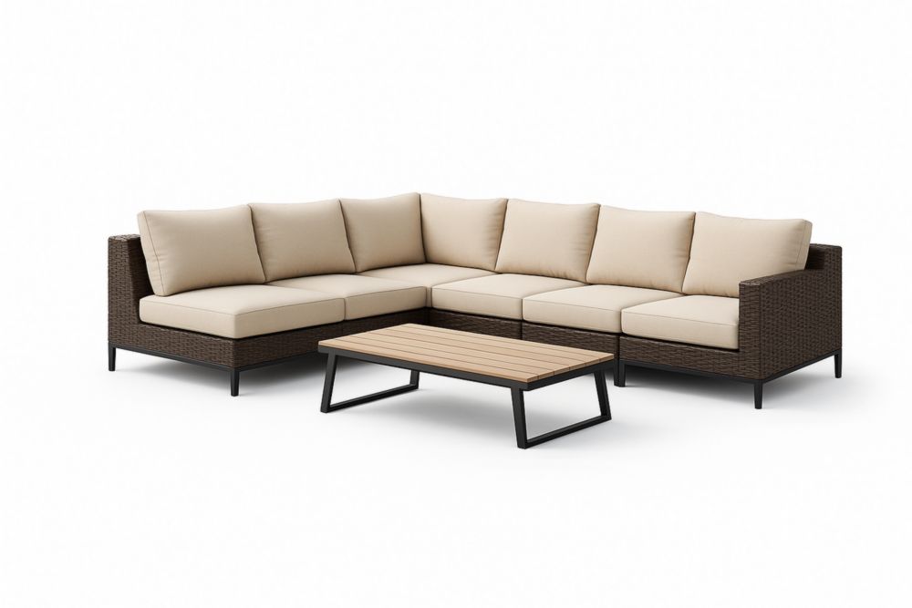 Ensemble de Salon de Jardin en Rotin avec Coussins en Polyester Beige et Table Basse en Acier