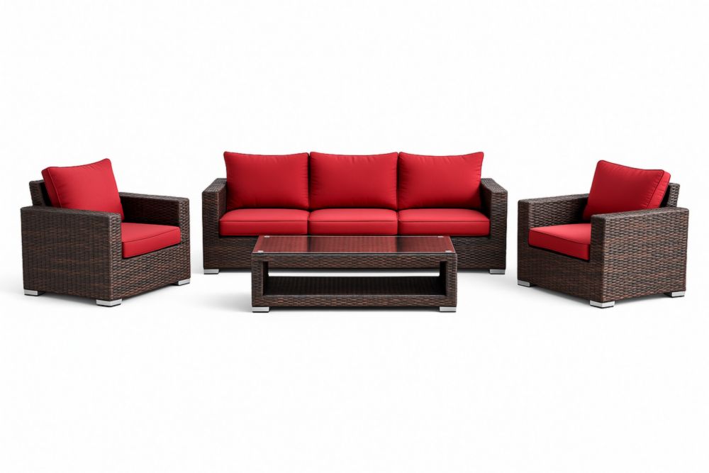 Ensemble de salon de jardin en résine tressée coussins rouge table verre