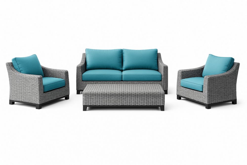 Ensemble de jardin en rotin gris avec coussins turquoise