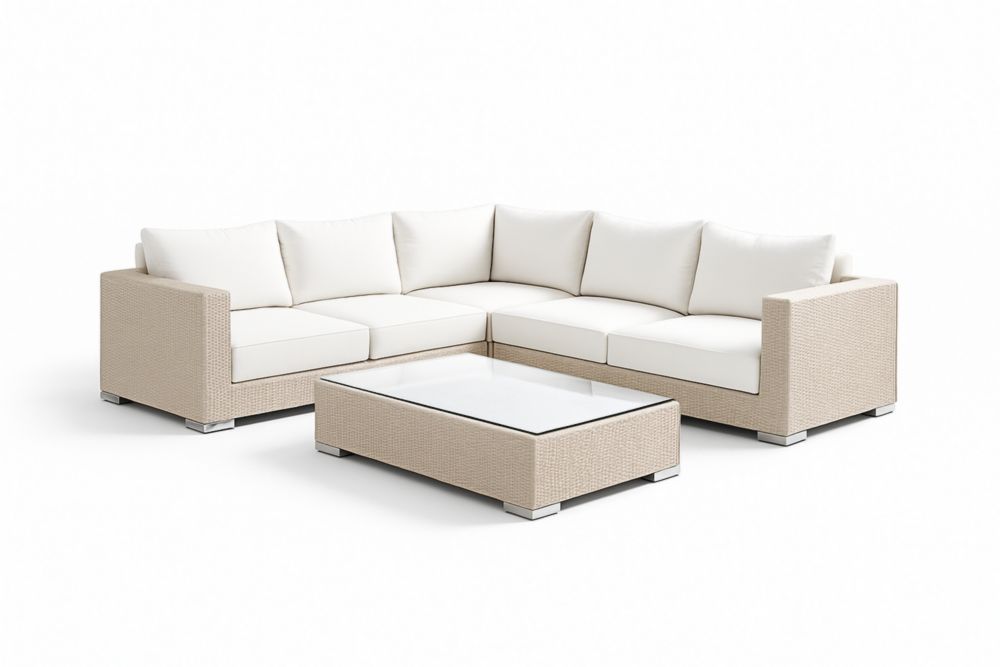 Canapé d'angle en résine tressée avec table basse en verre