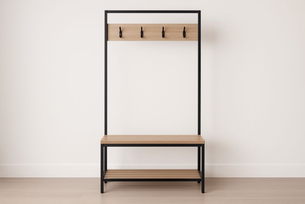 Appendiabiti da Ingresso con Panca in Legno e Struttura in Metallo Nero