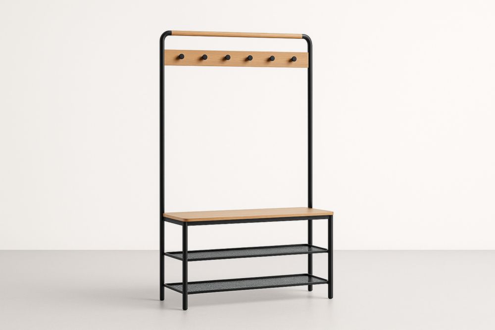 Appendiabiti in Metallo e Legno Nero 180cm con Panca