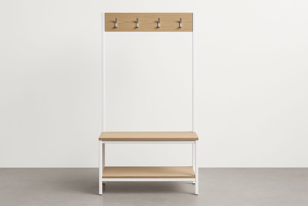 Appendiabiti con Panchina in Metallo e Legno MDF Bianco e Legno Chiaro